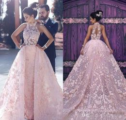 2019 Arabic Dubai Pink Evening Dress High Neck Illusion Appliques Lace Celebrity Formal Holiday Wear Prom Party Gown Custom Made Plus Size