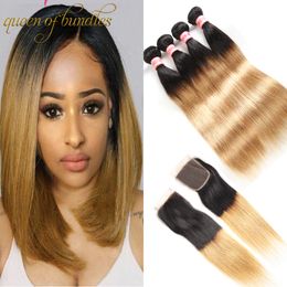 3 Bundles With Closure 1B 27 Honey Blonde Brazilian Virgin Hair Bundles With Lace Closure 100g/pc Ombre Straight Human Hair Weave