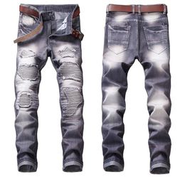 Mens Pleated Panelled Biker Jeans Fashion Designer Straight Leg Motocycle Slim Fit Washed Luxurr Denim Pants Trousers2209
