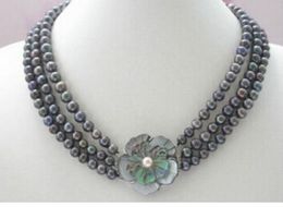 FREE SHIPPING Noble 3strands 6.5-7.5mm black FW pearl necklace flower 16-18''