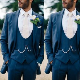 Best Men Wedding Tuxedos Navy Three Piece Groom Suit With Round Cut Vest Formal Custom Made Pant Suit