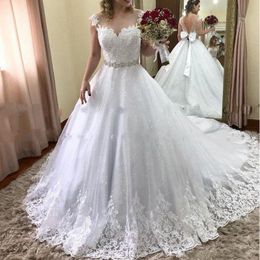 New Sparkly Sequined Wedding Dresses Backless Bow Beadings Wait Sash White Lace Appliques Bridal Gowns Custom Plus Size Free Shipping