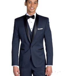 New High Quality One Button Navy Blue Groom Tuxedos Shawl Lapel Groomsmen Best Man Suits Mens Wedding Suits (Jacket+Pants+Vest+Tie) 700