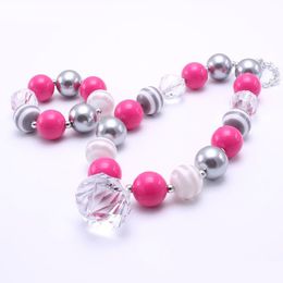 Hot Pink+Grey Colour Chunky Necklace&Bracelet Set Fashion Pendant Beads Children Girl Bubblegum Chunky Bead Necklace Jewellery Set