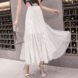 New design women's sweet high waist lace gauze patchwork mermaid style maxi long plus size skirt SMLXL