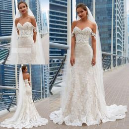 Modest Summer Beach Mermaid Dresses 2024 Off Shoulder Lace Appliques Wedding Dress Corset Back Plus Size Formal Bridal Gowns 403