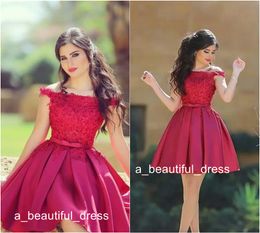 Little Red Short Cocktail Dresses Knee Length Off the Shoulder Lace Top A Line Satin Formal Party Wear Short Prom Dresses Cheap