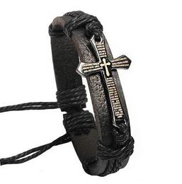 Promotion Cross Bible Charm Braided Bracelet Urban Jewellery Handmade Black Genuine Leather Adjustable Wristband Retro Jewellery Wholesale