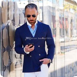 High Quality Double-Breasted Blue Groom Tuxedos Peak Lapel Groomsmen Mens Suits Wedding/Prom/Dinner Blazer (Jacket+Pants+Tie) K369