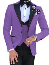 Fashion Purple Groom Tuxedos Black Peak Lapel Groomsmen Wedding Dress Excellent Man Jacket Blazer 3 Piece Suit(Jacket+Pants+Vest+Tie) 665