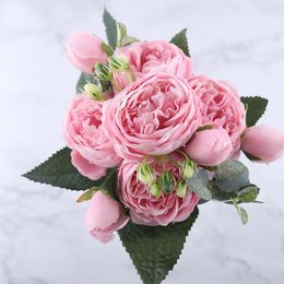 30cm Rose Pink Silk Peony Artificial Flowers Bouquet 5 Big Head and 4 Bud Cheap Fake Flowers for Home Wedding Decoration indoor 8 Colours