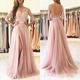 Blush Pink Split Long Bridesmaids Dresses 2021 Sheer Neck 3/4 Long Sleeves Appliques Lace Maid of Honor Country Wedding Guest Gowns Cheap