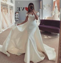 Satin Mermaid Elegant Dresses Bridal with Detachable Train South African Cheap Beaded Off the Shoulder Wedding Gowns