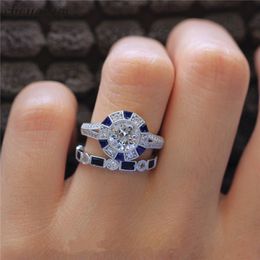 choucong Handmade Promise ring set Blue 5A Zircon Cz 925 Sterling silver Anniversary Wedding Band Rings for women men Jewellery