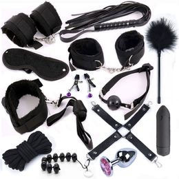 Stimulate Bondage Restraints BDSM Sex Handcuffs Whip Metal Anal Plug With Vibrator Erotic Toys For Couples Adults T200519