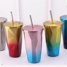 Stainless Steel Mug With Lid and Straw Large Irregular Diamond Shape Coffee Cup Insulated Water Bottle Travel Coffee Mug Tumbler 500ML