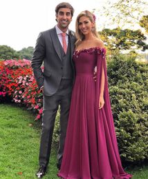 2018 Formal Dresses Evening Wear Long Sleeves Off The Shoulder Appliques Chiffon Prom Dress Long Pleats Cheap African Party Gowns Vestidos