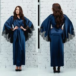 Navy Blue V-neck Wedding BathRobes Long Sleeve Lace Satin Silk Pyjamas Sleepwear Bridal Robe Floor-Length Women Lingerie Nightgown Housewear