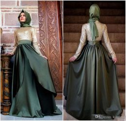 Muslim Arabic Dubai A Line Evening Dresses Long Sleeves Sequined High Neck Lace Chiffon Formal Dress Prom Party Gowns With Scarfs