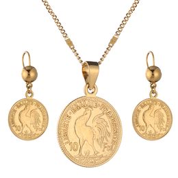 Gold Colour Coin Pendant Necklaces Women Men France Lecoqgaulois Coin Old French Trendy Coin Jewellery Sets