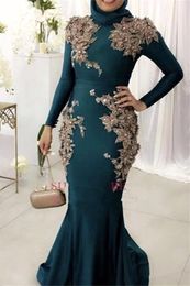 New Muslim Long Sleeves Satin Mermaid Evening Dresses 3D Lace Floral Beaded Sweep Train Plus Size Party Prom Dresses