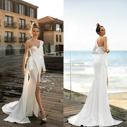 Sexy High-split Mermaid Wedding Dresses One-shoulder Sequins Satin Bridal Dress Sweep Train Custom Made Backless Robes De Mariée Hot Sell