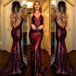 Gillter Sequined Mermaid Evening Prom Dresses Spaghetti V-neck Open Back Sexy Cocktail Party For Women Special Occasion Formal Gowns Long