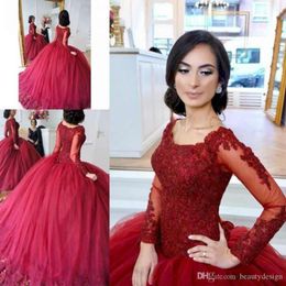 Vintage Dark Red Ball Gown Prom Dresses Jewel Long Sleeves Lace Applique Tiered Tulle Sweet 16 Dresses Quinceanera Gowns Custom Made