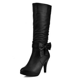 Women Boots Spike Heels Round Toe Knee Boots Woman Shoes Female Boots Black White Pink Blue