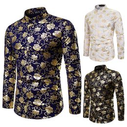 Bronzing Shirt Rose Flower Men 2019 Luxury Gold Foil Print Long Sleeve Mens Casual Dress Shirts for Male Camisa Masculina J190783