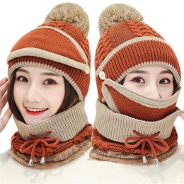 Fashion-Winter Women's Hat Caps Knitted Wool Warm Scarf Sets Thick Windproof Balaclava Multi Functional Hat Scarf Set For Women