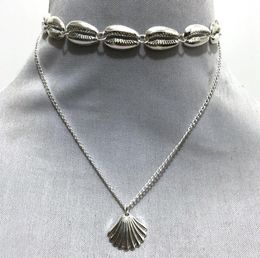 Wholesale- versatile metallic double neck chain alloy shell scallop pendant necklace ethnic style necklace jewelry