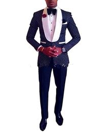 Newest One Button Navy Blue Polka Dot Wedding Groom Tuxedos Shawl Lapel Groomsmen Mens Dinner Blazer Suits (Jacket+Pants+Tie) 265