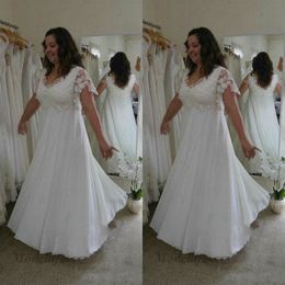White Plus Size Wedding Dresses A Line Chiffon Floor Length V Neck Lace Appliques Tops Short Sleeves Country Style Wedding Gowns Bride Dress