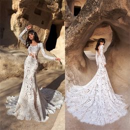 2020 Mermaid Wedding Dresses Jewel Long Sleeves Appliqued Lace Court Train Bridal Gown Bandage Backless Custom Made Vestidos De Novia