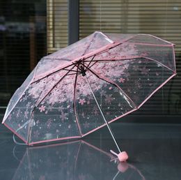 100pcs/lot Transparent Clear Umbrella Handle Windproof 3 Fold Umbrella Cherry Blossom Mushroom Apollo Sakura women Girl's Umbrella SN1064