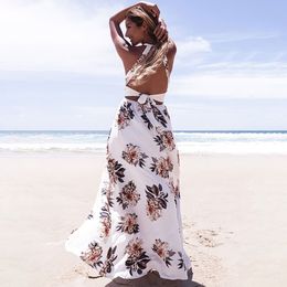 Fashion-G8416CA-S Women Chiffon Dress Floral Print Halter Sleeveless Split Backless Hollow Out Beach Maxi Gown Elegant Party One-Piece