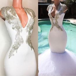 White Mermaid Prom Dresses Sexy Deep V Neck Cap Sleeves Major Beading Sequins Mermaid Evening Gowns Sweep Train Tulle African Party Dress