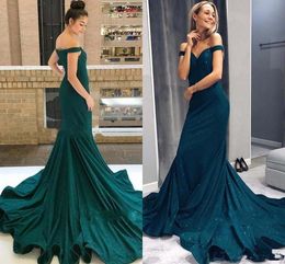 Modest Hunter Green Mermaid Prom Dresses Off Shoulder Sweep Train Long Formal Evening Party Gowns Special Occasion Dress Plus Size