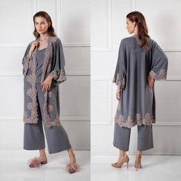 Women Sexy Sleepwear Women Bathrobe Satin Applique Grey Cloak Two Pieces Ankle Length Robe Prom Bridesmaid Shawel