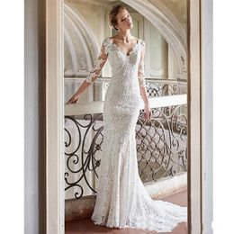 2019 High Quality White Lace Mermaid Wedding Dresses Sweep Train Backless Bridal Gowns 3/4 Sleeves Beach Bridal Dresses Robe De Mariée