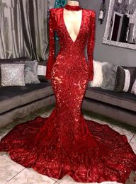 New Sparkly Sequined Evening Dresses Wear Deep V Neck Long Sleeves Mermaid Royal Blue Dark Red Sequins Formal Prom Party Gowns With Choker 403