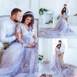 Dresses Merternity Two Piece Lavendor Tulle Lace Applique Long Sleeves Scalloped V Neck Wedding Gown Vestido De Novia Estido