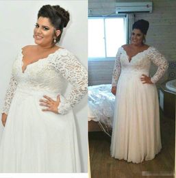 Bohemian Plus Size Wedding Dresses 2019 Cheap Long Sleeve V Neck A Line Lace Bridal Gowns Floor Length Beach Wedding Dress