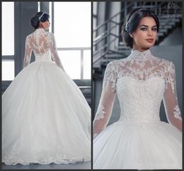 2019 Vintage White Tulle A-Line wedding Dresses Appliqued Lace Floor-Length Jewel Long Sleeve Bridal Gowns Plus Size