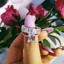Size 5-10 Couple Rings Luxury Jewelry 925 Sterling Silver Princess Cut White Topaz CZ Diamond Gemstones Party Women Wedding Bridal Ring Set