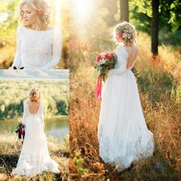 Beautiful Country Style Lace Chiffon Wedding Dresses Backless Garden 2019 Spring Long Sleeve vestido de noiva Bridal Gown Ball Custom