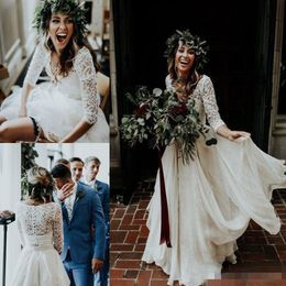 Piece Two Boho Beach Dresses Long Sleeves V Neck Tulle Lace Floor Length A Line Custom Made Wedding Gown Vestido De Novia estido