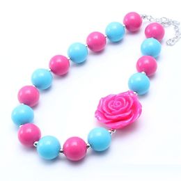 New Popular Rose Flower Kid Chunky Necklace Hot Pink+Blue Colour Bubblegum Bead Chunky Necklace Children Jewellery For Toddler Girls