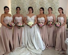 2024 New Arabic Mermaid Bridesmaid Dresses Sweetheart Lace Appliques Beaded Sleeveless Split Overskirts Plus Size Party Maid Of Honour Gowns 403